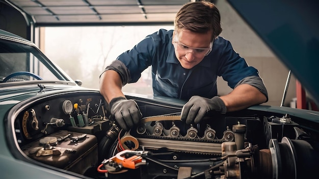 Foto mecánico de automóviles comprobando el cinturón de cronometraje