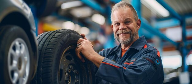 Un mecánico de automóviles feliz con un neumático de reemplazo
