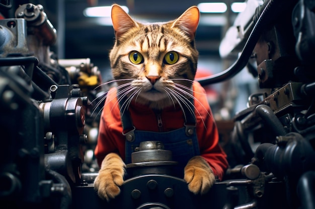 Mecánico de automóviles de gatos Mecánicos de automóviles que trabajan en el garaje Servicio de reparación Ocupación técnica generada por IA