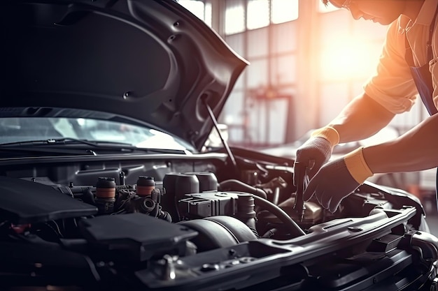 Mecánico de automóviles con guantes usando una llave mientras trabaja en el automóvil Servicios de automóviles y concepto de verificación de mantenimiento