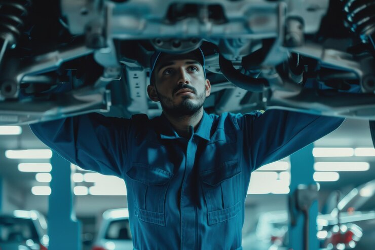 Mecánico de automóviles inspeccionando la parte inferior de un vehículo en un taller que destaca los servicios profesionales de mantenimiento y reparación de automóviles