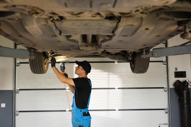 Mecánico de automóviles con overoles azules y gorra negra trabajando debajo de la máquina elevadora de automóviles en el garaje