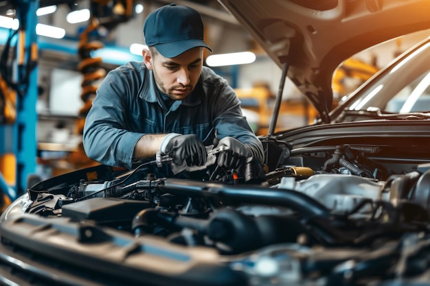 Foto un mecánico de automóviles profesional examina diligentemente los componentes del sistema de dirección debajo del capó de un vehículo en un taller de automóviles