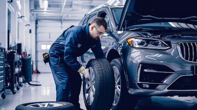 Mecánico de automóviles profesional reemplaza el neumático en la rueda