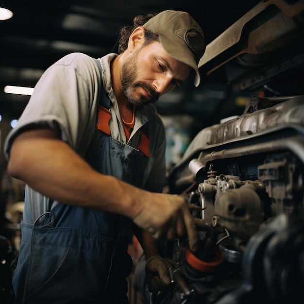 Mecánico de automóviles profesional en el trabajo reparando el motor del automóvil