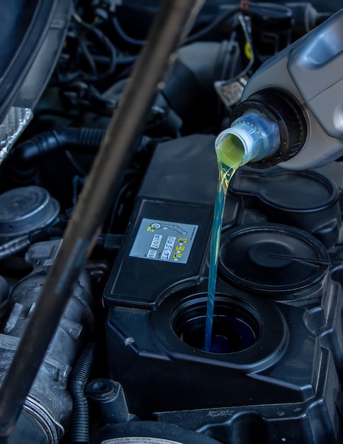 Un mecánico de automóviles que cambia el aceite vierte aceite en el motor de un automóvil.