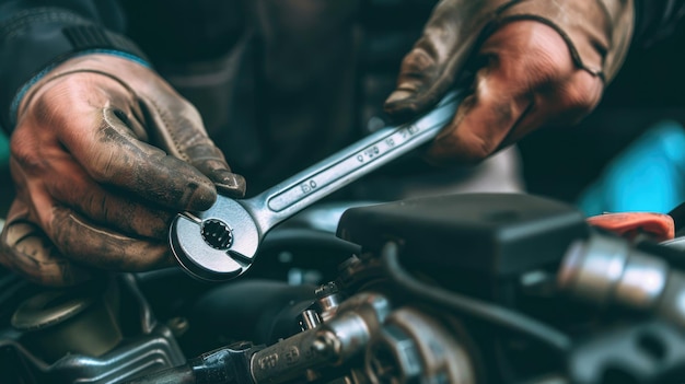 Mecánico de automóviles que repara el motor de automóviles en un taller de reparación de automóviles Concepto de servicio y mantenimiento de automóviles