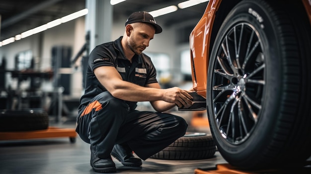 Mecánico de automóviles que trabaja en garaje y cambia neumáticos de aleación de ruedas Servicio de reparación o mantenimiento de automóviles