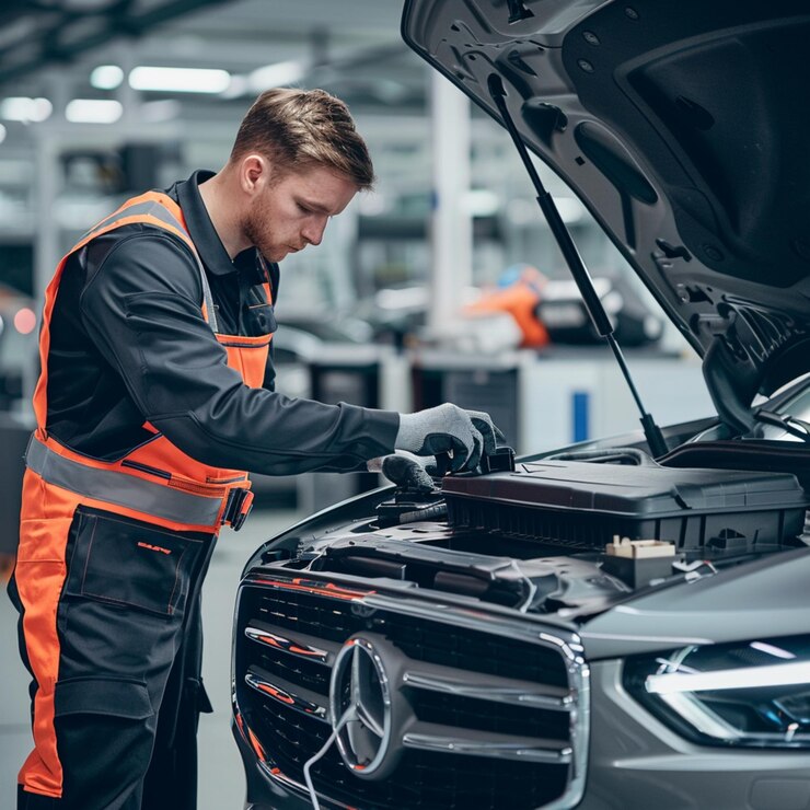 Mecánico de automóviles que trabaja en garaje Servicio de reparación