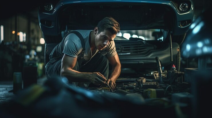 Mecánico de automóviles que trabaja en el servicio de reparación de automóviles