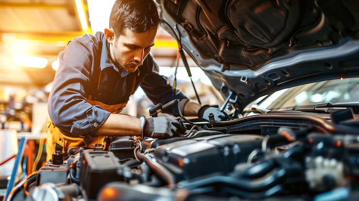 Un mecánico de automóviles repara un automóvil en un taller de reparación de automóviles con herramientas en la mano y centrado en el trabajo AI generativa