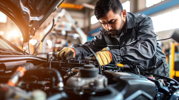 Un mecánico de automóviles repara un automóvil en un taller de reparación de automóviles con herramientas en la mano y centrado en el trabajo AI generativa