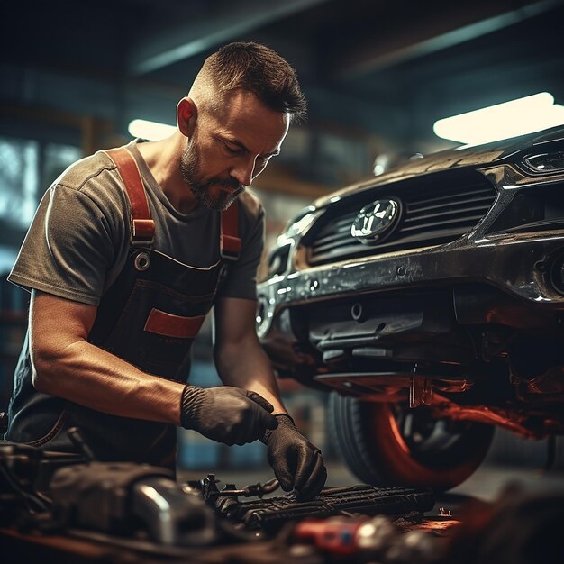 Mecánico de automóviles reparando automóviles en un taller de automóviles