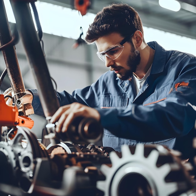 Foto mecánico de automóviles reparando gafas de seguridad y uniforme de automóvil