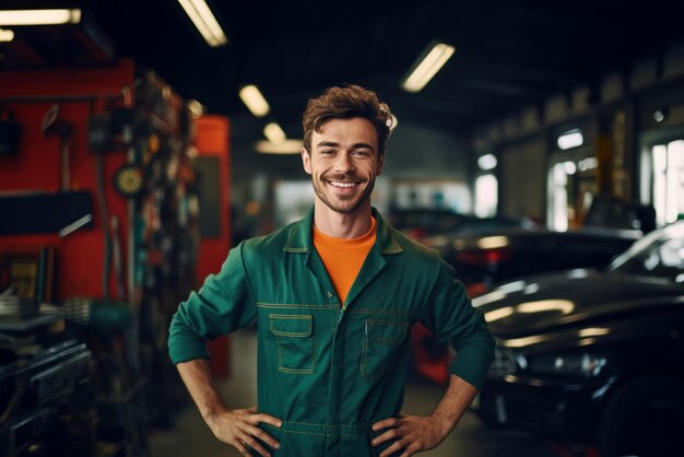 Foto un mecánico de automóviles sonríe felizmente en su uniforme de pie en su propia tienda de reparación de automóviles fondo reparación y mantenimiento de automóviles reparador masculino sonriendo y mirando a la cámara