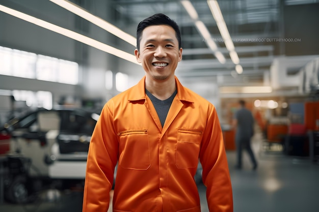 Foto mecánico de automóviles sonriente edad 32 vestidos asiáticos colores uniforme de trabajo naranja