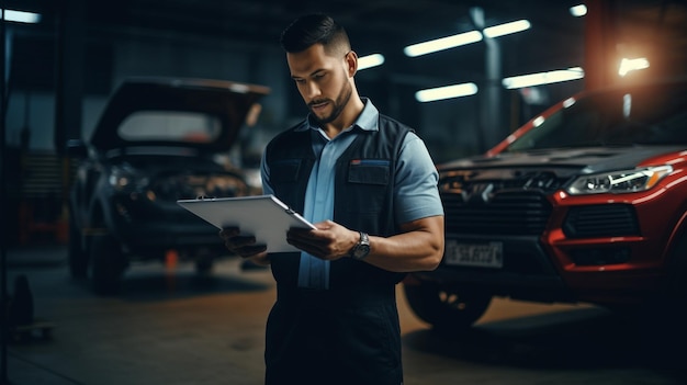 Mecánico de automóviles sosteniendo una linterna revisando el motor con portapapeles de lista de verificación en el servicio de reparación de garajes