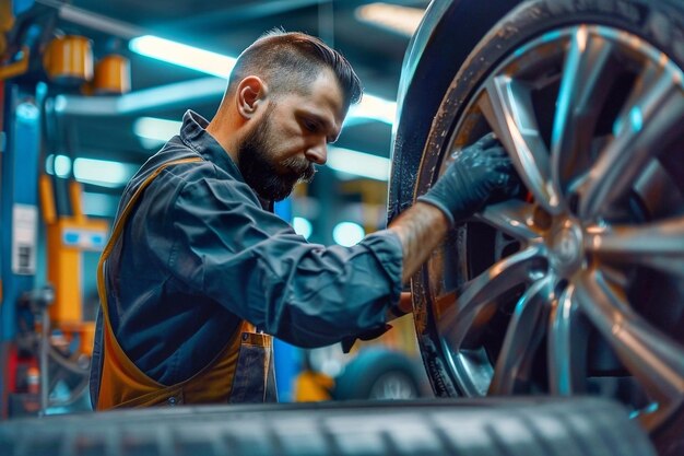 Mecánico de automóviles trabajando en una rueda de automóvil en un taller de reparación de automóviles