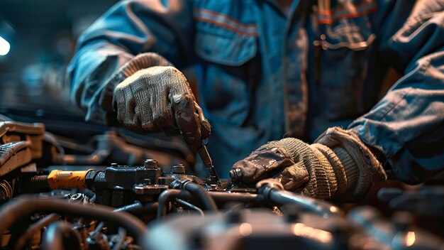 Foto mecánico de automóviles trabajando en el taller cerca de un mecánico del automóvil reparando el motor del automóvil trabajador en el trabajo