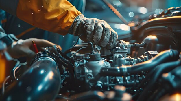 mecánico de automóviles trabajando en el taller cerca de un mecánico del automóvil reparando el motor del automóvil trabajador en el trabajo