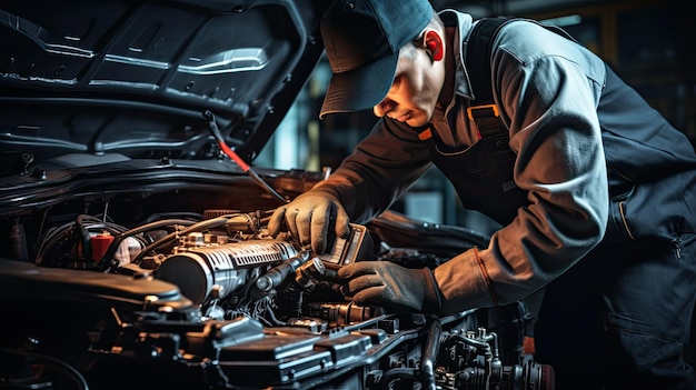 Mecánico de automóviles trabajando en un taller de reparación