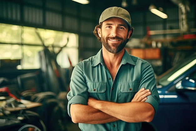 Mecánico de autos masculino sonriente con uniforme y sombrero sosteniendo una llave junto al auto