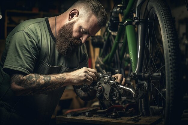 Foto mecánico barbudo de cabeza roja arreglando el descarrilador trasero de una bicicleta en un taller