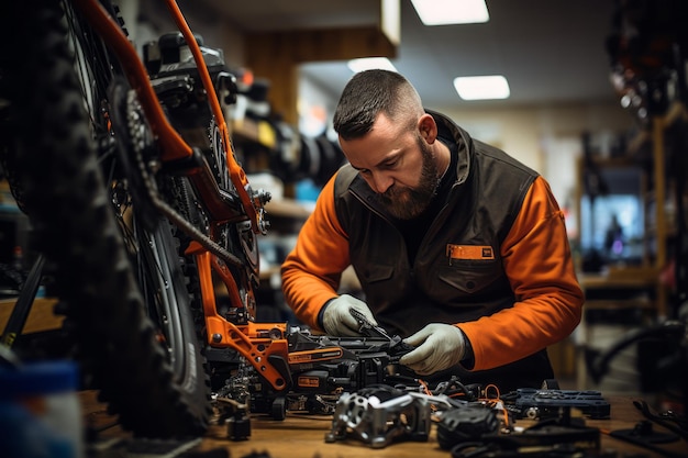 Mecánico de bicicletas trabajando en una bicicleta IA generativa