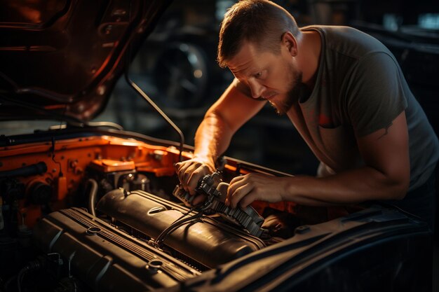 Mecánico calificado que trabaja en un taller de reparación de automóviles
