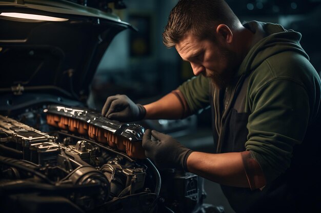 Mecánico calificado que trabaja en un taller de reparación de automóviles