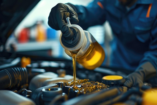 El mecánico caucásico cambia el aceite del coche