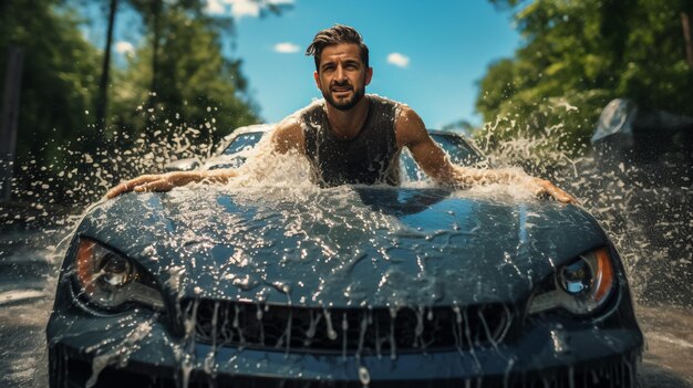 Mecânico com proteção de pintura de carro de filme transparente Mecânico instala filme de proteção de pintura de carro Instale filme de proteção de pintura de carro Conceito de envoltório de carro