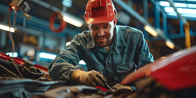 Foto mecánico cualificado en taller de reparación de automóviles manejo día ocupado en el trabajo concepto reparación de vehículos mecánico calificado taller de día ocupado mantenimiento de automóviles