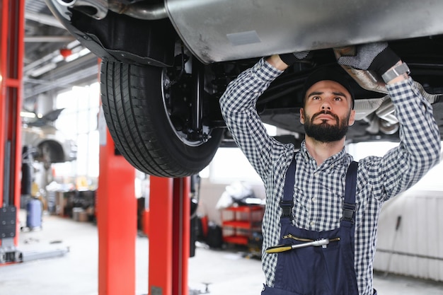 Mecânico de automóveis a trabalhar debaixo de um carro levantado