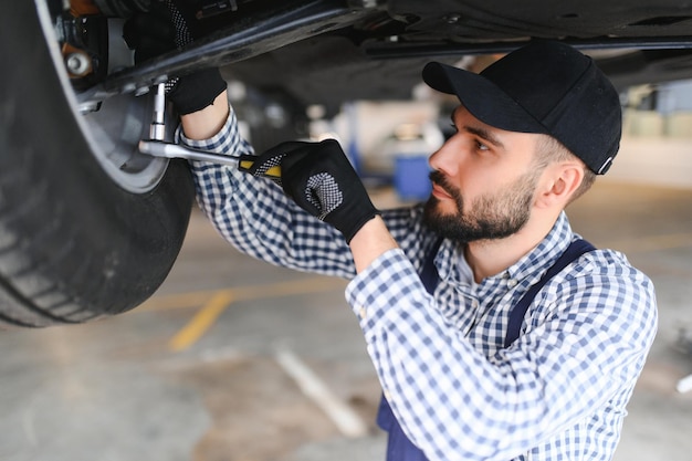 Mecânico de automóveis a trabalhar debaixo de um carro levantado