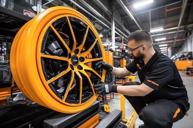 Foto mecânico de automóveis carregando a roda do automóvel na máquina de montagem de pneus durante a substituição do pneu.