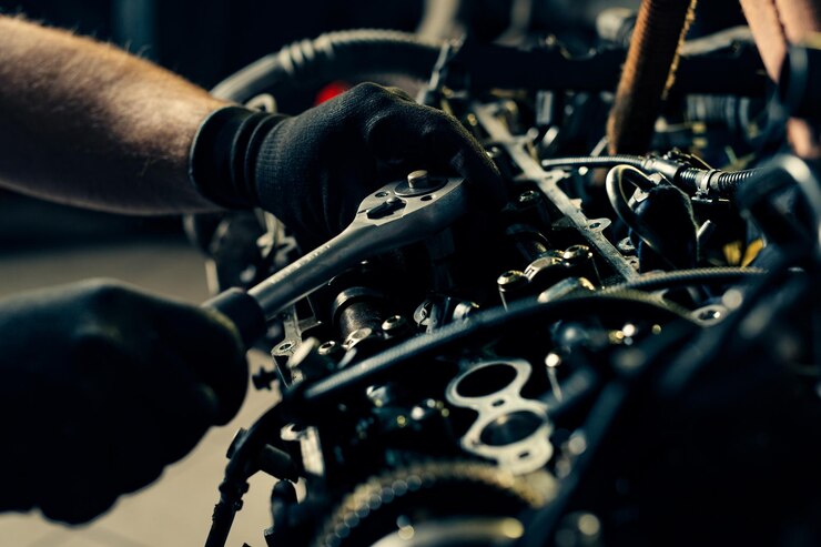 Mecânico de automóveis trabalhando e reparando no motor do carro na garagem da mecânica