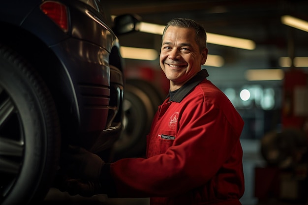 Foto mecânico de carros homem sorridente fundo estilo bokeh