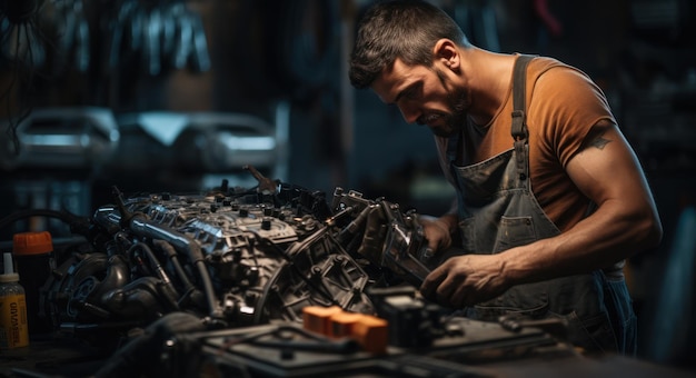 Foto mecânico de carros trabalhando em um motor na garagem