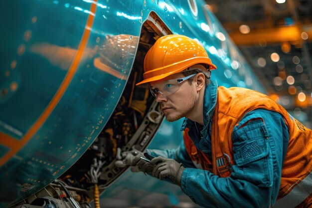 mecânico de companhia aérea inspecionando um avião antes da decolagem