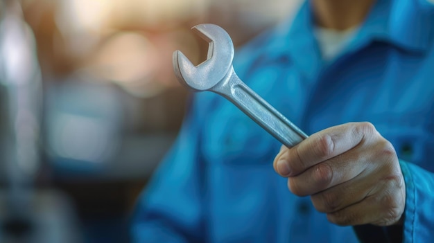 Mecânico de IA gerativa está segurando a chave na mão do serviço de reparação na garagem da oficina de carros