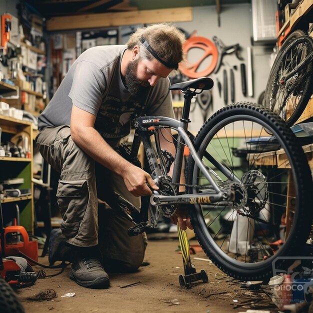 mecânico de loja de bicicletas reparando a roda de bicicleta na oficina