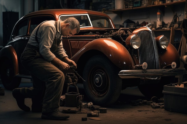 Foto mecânico de restauração de automóveis antigos no trabalho