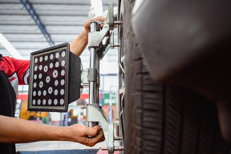 Foto mecânico de serviço automotivo instalando o sensor de alinhamento da roda no pneu durante o ajuste do alinhamento da suspensão do veículo. e definir o centro da roda do carro na oficina de automóveis