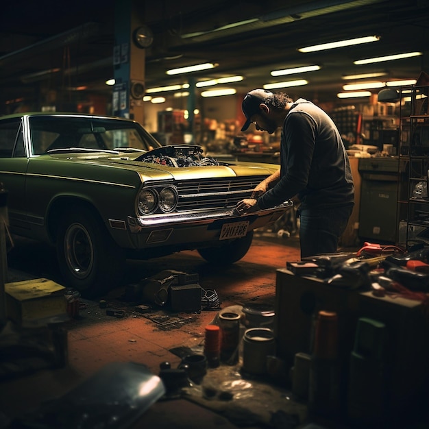 Foto mecânico em cena mecânico a trabalhar no carro