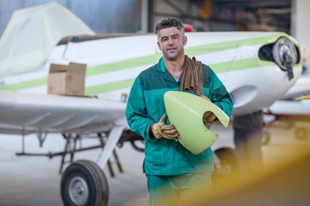 Foto mecânico em hangar reparando aeronaves leves