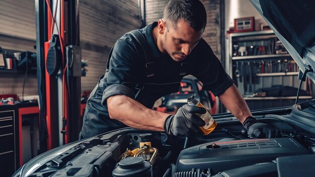 Foto mecânico em serviço para reparar o carro reabastecendo e derramando da garrafa para mudar o óleo lubrificante