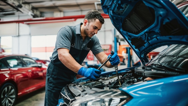 El mecánico está reparando el coche.