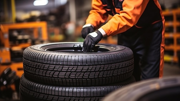 Mecânico experiente que garante viagens seguras substituindo pneus em uma garagem de serviço confiável