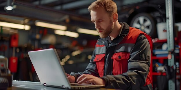 Mecânico expertamente diagnosticando problemas de carro com laptop em configuração de garagem profissional Conceito Reparação de automóveis Ferramentas de diagnóstico Manutenção de veículos Mecânico Expertise Garagem profissional